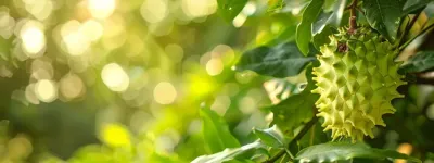 un fruct de graviola proaspăt cules, plin de culoare și vitalitate, reprezentând puterea vindecătoare a acestei plante miraculoase.