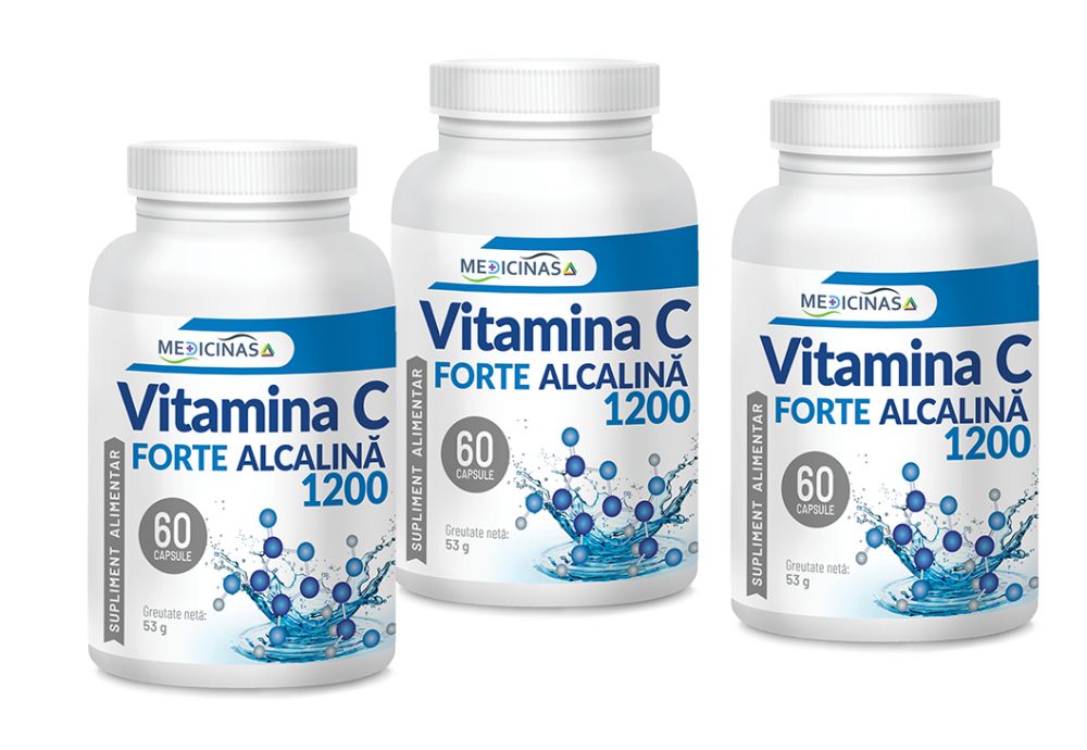 Vitamina C Forte Alcalină 1200mg - 2+1 Gratuit - Discount 19RON deja inclus - Pachet 3 luni - Cea mai puternică vitamină C de la Medicinas, 60cps.